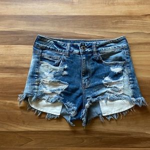 American Eagle- hi-rise light/medium wash shorts, size: 4
